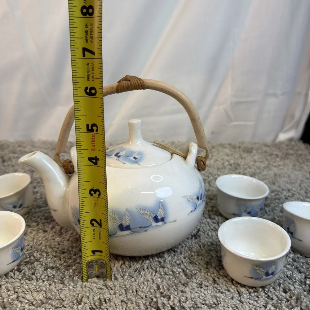 Vtg Haeng Nam Korean Bone China Crane Tea Set 6 Cups & Pot s Blue NEW
